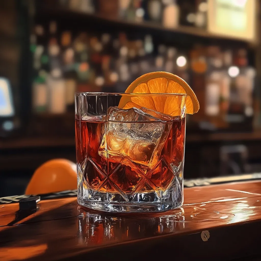 A Negroni cocktail sits on a polished wooden bar.  The amber liquid is chilled with ice cubes, and garnished with a vibrant orange slice.  The background is a softly blurred display of liquor bottles, suggesting a dimly lit, upscale bar setting. The glass is a short, stemmed tumbler with a cut crystal pattern. The overall mood is sophisticated and inviting.