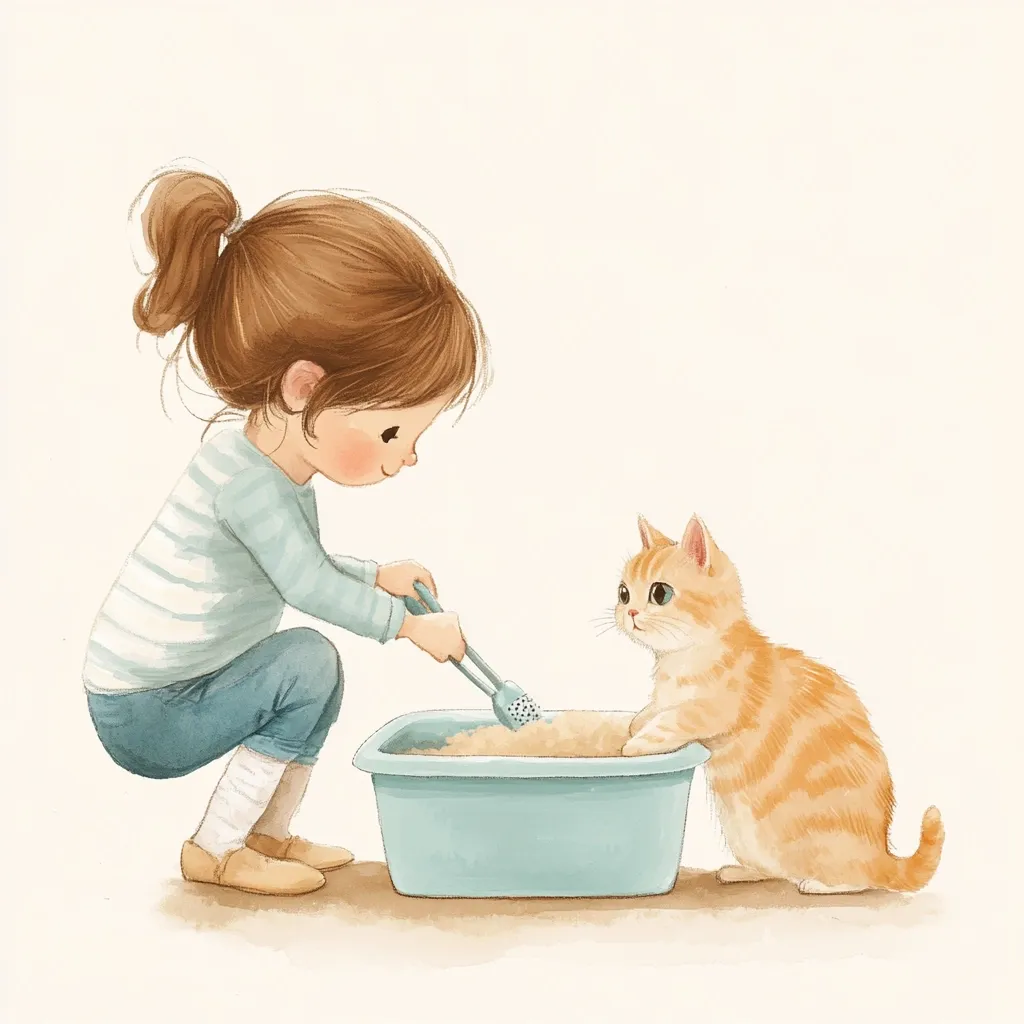 A little girl with brown hair in a ponytail squats beside a light teal litter box. She uses a small scoop to add clumping litter.  A ginger cat sits attentively nearby, watching the process. The illustration is done in a soft, watercolor style, with gentle lines and pastel colors creating a heartwarming scene of a child caring for her pet.