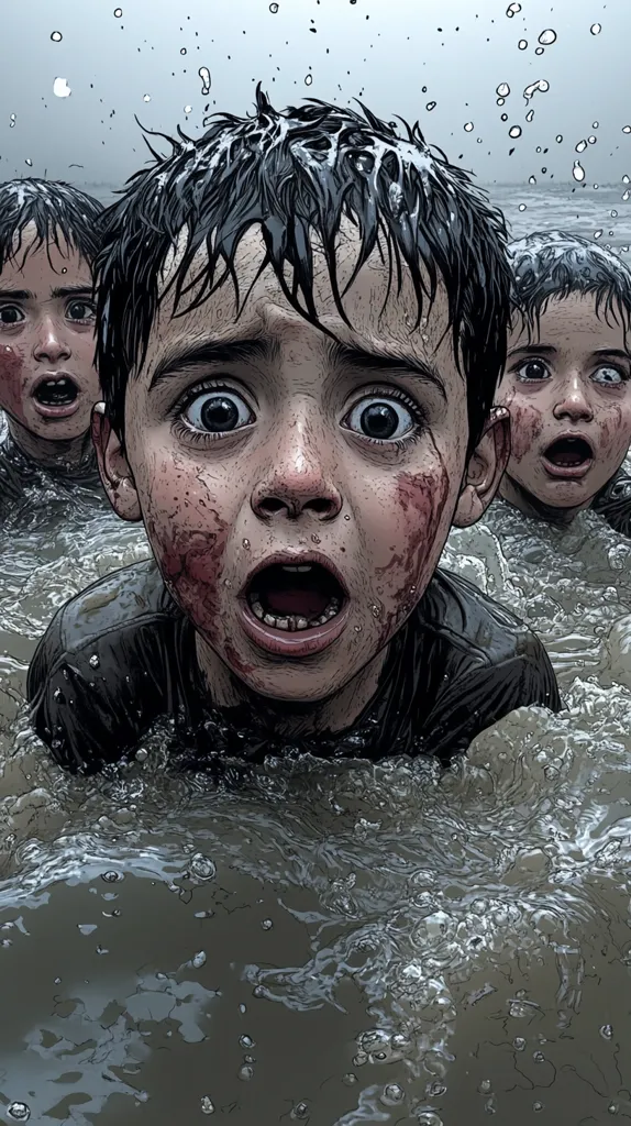 A close-up illustration depicts a terrified young boy, his face smeared with blood, struggling in murky water.  Two other children, equally distressed, are visible in the background. The scene is highly evocative, suggesting a perilous situation, perhaps a refugee crisis or other traumatic event. The style is graphic and emotionally intense.