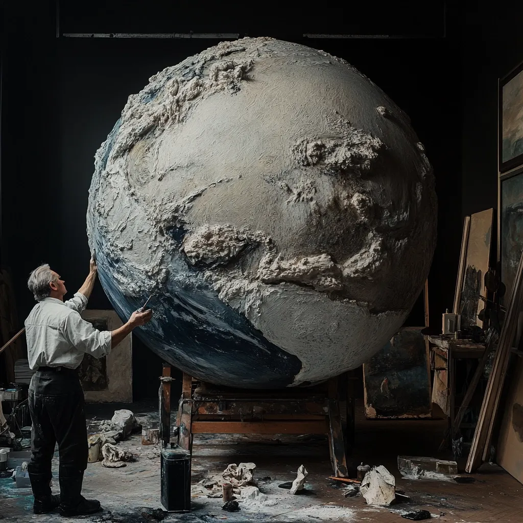 An elderly artist meticulously paints a massive, textured globe in his dimly lit studio.  The globe, a three-dimensional representation of Earth, dominates the scene, its surface rendered with a thick, impasto style.  Surrounding the artist are the tools and debris of his creative process, creating an atmosphere of intense focus and dedication. The overall mood is one of quiet contemplation and artistic grandeur.