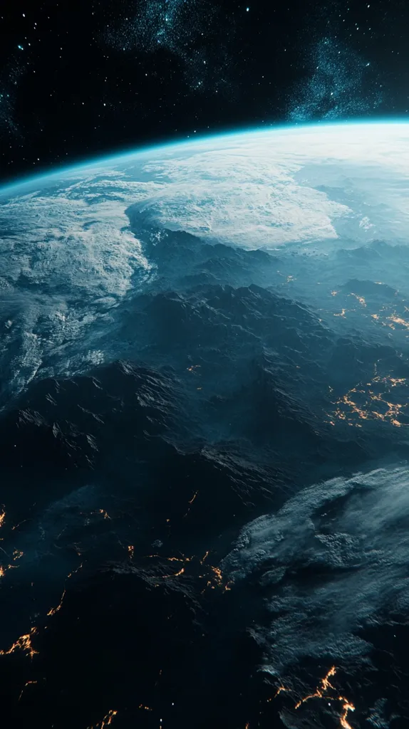 A breathtaking view of a planet from space, showcasing a dramatic landscape of dark, mountainous terrain.  City lights twinkle faintly along the mountain ranges, contrasting with the vast, star-studded blackness of space. A thin atmospheric layer encircles the planet, highlighting the curvature of the earth.  The overall tone is dark and moody, evoking a sense of mystery and awe.