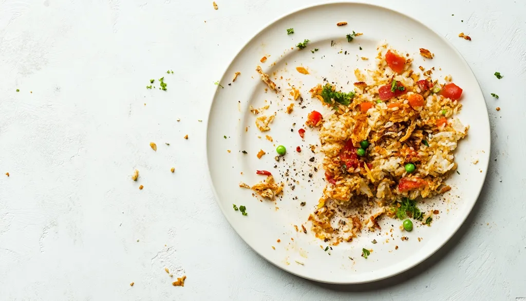 A mostly eaten plate of fried rice sits on a white surface.  The rice is mixed with vegetables like peas, carrots, and tomatoes.  Crumbs and seasonings are scattered on the plate and the surrounding table.  A portion of the fried rice remains, suggesting a satisfying but not entirely finished meal. The image has a minimalist feel with a focus on the food remnants.