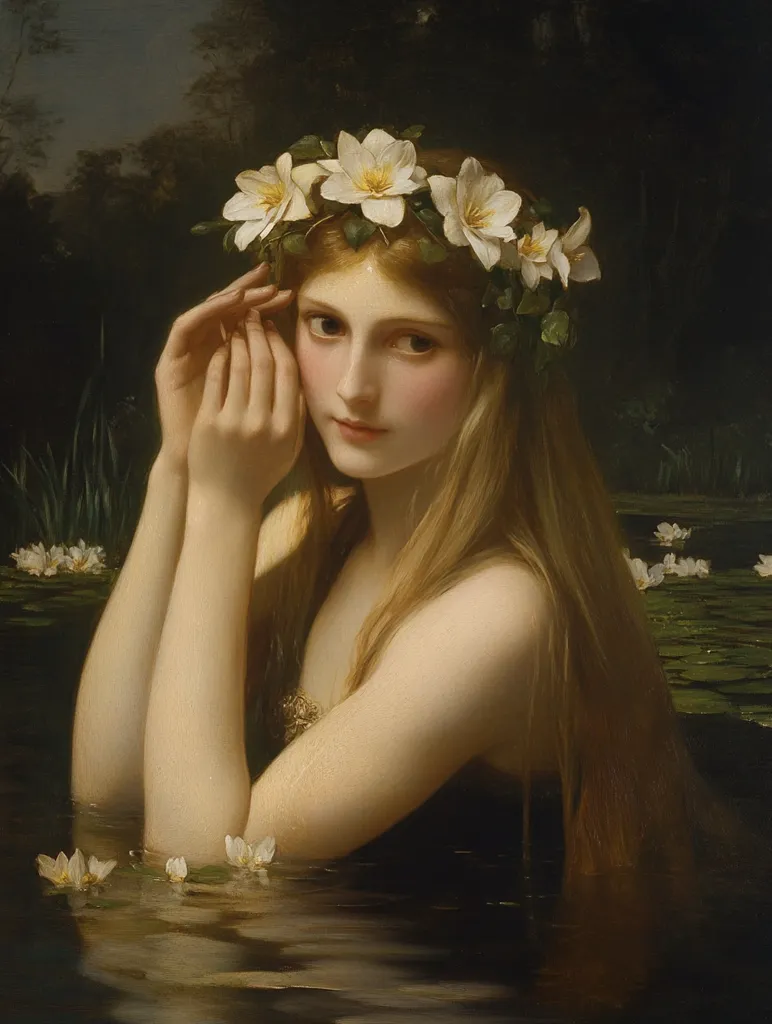 The painting depicts a young woman, partially submerged in a dark, still body of water.  She wears a crown of white flowers and her long blonde hair cascades down her back. Her delicate features and soft expression convey a sense of serenity and ethereal beauty. The overall mood is mysterious and romantic, suggestive of a nymph or water spirit.  The surrounding vegetation and water lilies enhance the dreamlike atmosphere.
