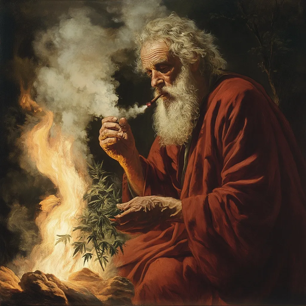 An aged man with a long white beard, dressed in a reddish-brown robe, sits before a bonfire. He holds a cannabis plant and smokes a cigar, exhaling a plume of smoke. The scene is dramatically lit, with the fire casting warm light on the figure and the surrounding darkness. The painting has a classical style, reminiscent of old master portraits.