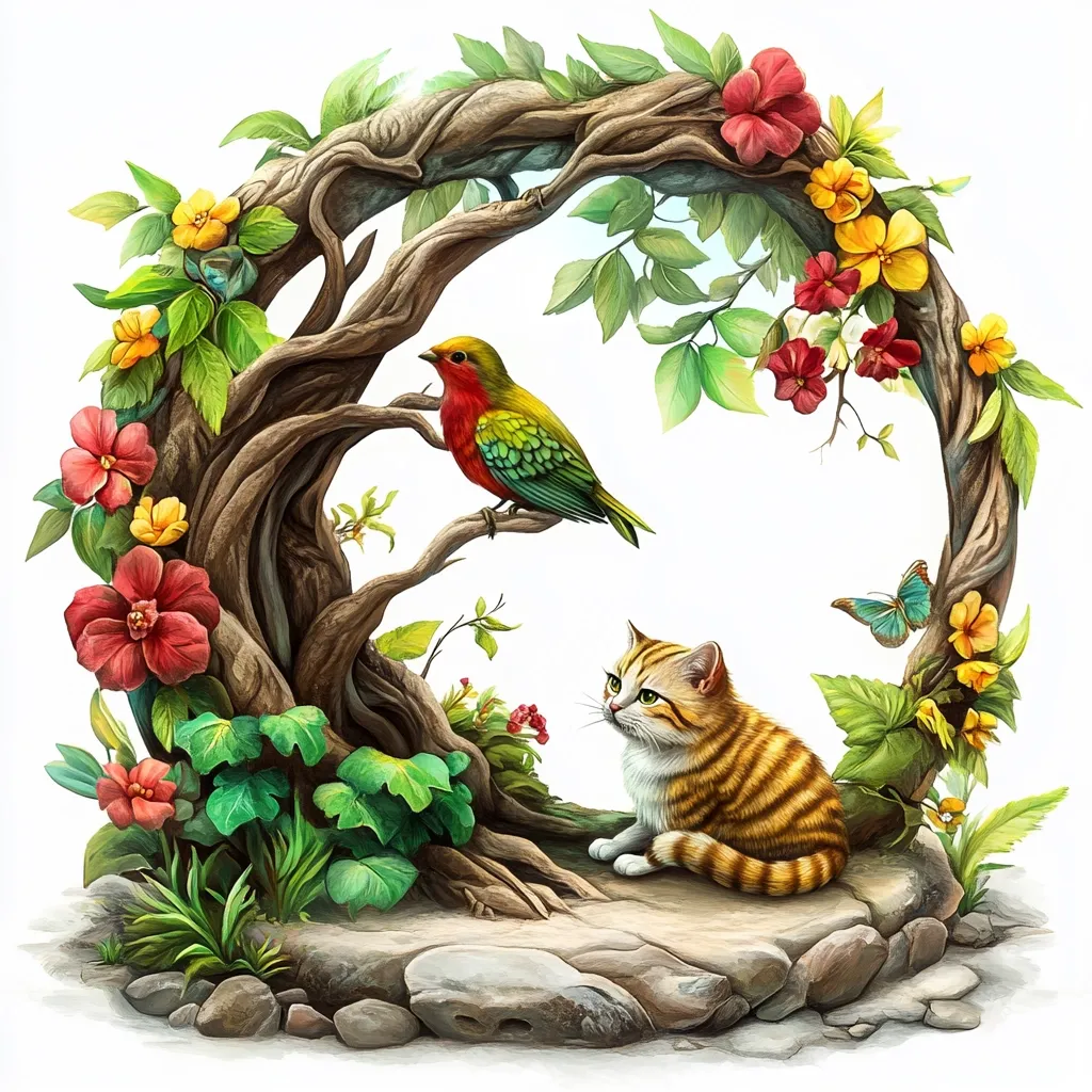 A whimsical illustration depicts a vibrant, circular tree trunk adorned with colorful flowers and lush greenery.  A small, orange tabby kitten sits attentively on a rocky base, gazing towards a brilliantly colored bird perched on a branch.  The bird, a mix of red, green, and yellow, seems to reciprocate the kitten's gaze.  A blue butterfly flits near the upper right, completing the idyllic, peaceful scene.