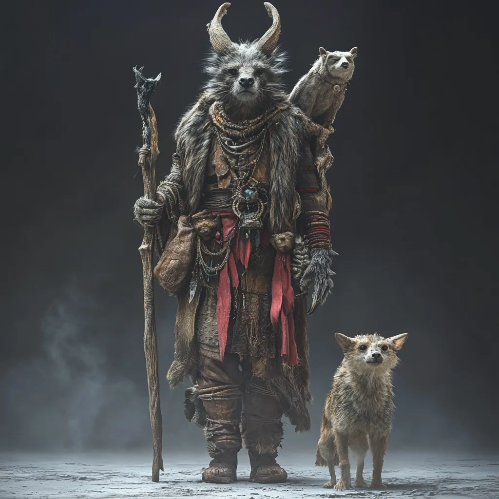 A weathered, anthropomorphic wolf-like creature, adorned in furs and tribal jewelry, stands holding a staff.  Two small canine companions flank him; one perched on his shoulder, the other at his feet.  The figure's attire and accessories suggest a shamanic or mystical role within a rugged, fantastical world.  The overall mood is dark and atmospheric.