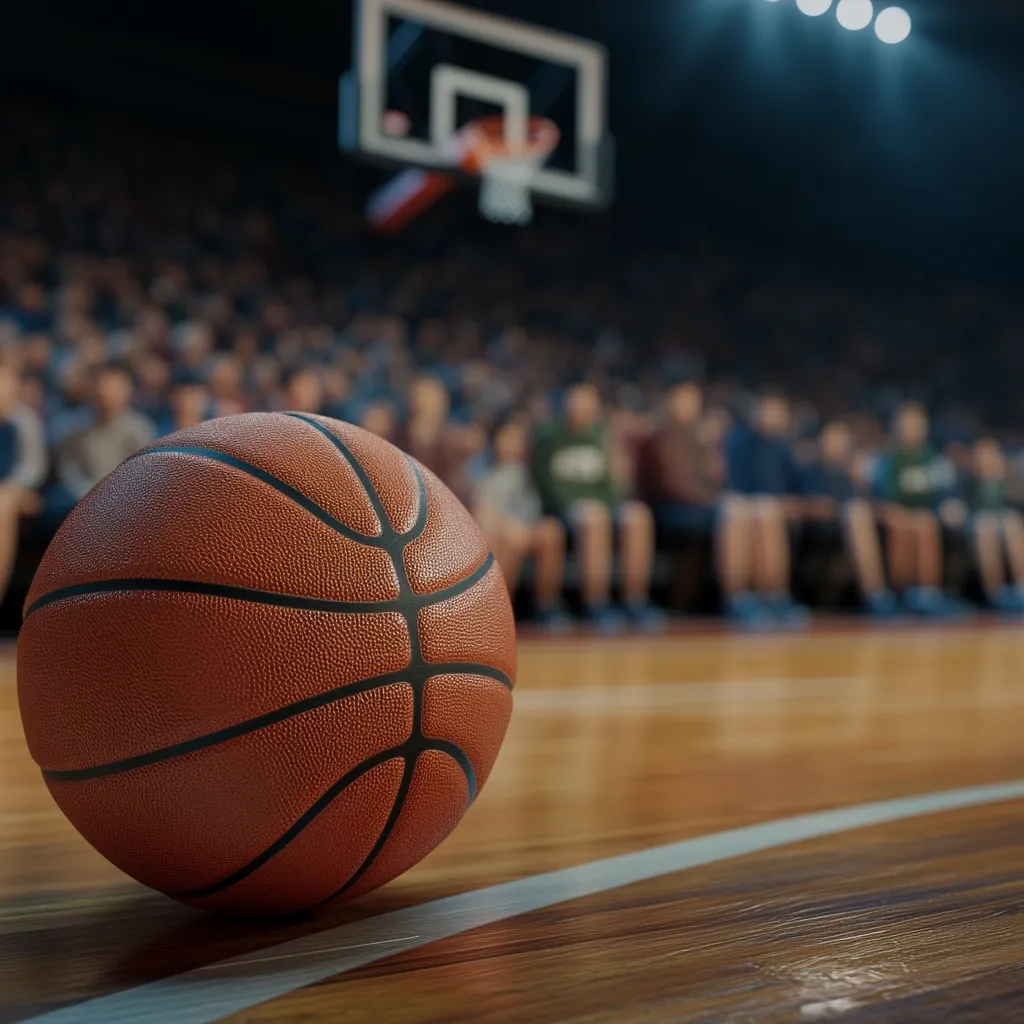 A close-up of a basketball rests on a polished hardwood court.  The out-of-focus background shows a packed basketball arena with spectators seated in the stands, their attention directed towards the blurred basketball hoop in the distance. The overall scene evokes the excitement and atmosphere of a basketball game.