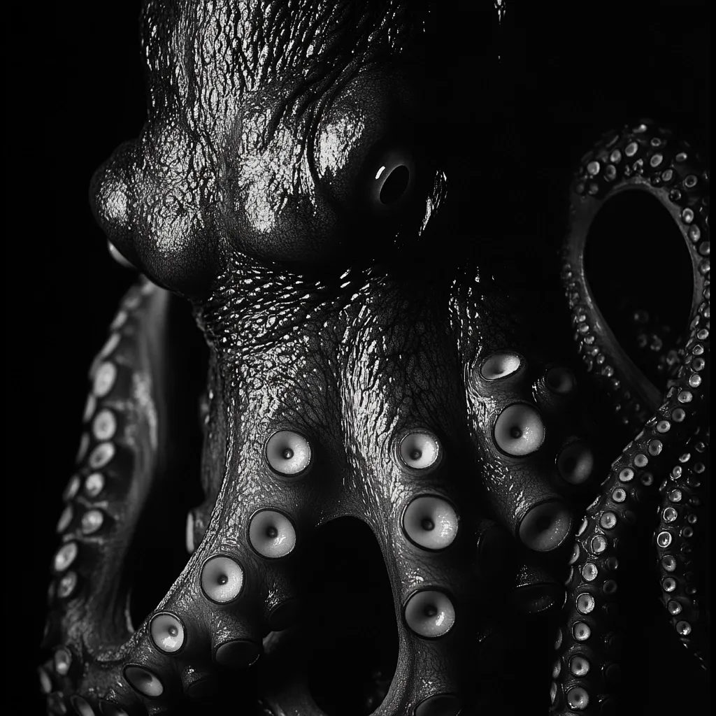 A dramatic black and white close-up reveals the intricate texture and powerful presence of an octopus.  Its suction cups are clearly defined, highlighting the creature's complex anatomy.  The eye, partially visible, adds to the intensity of the image, emphasizing the octopus's enigmatic nature against a stark dark background.  The lighting accentuates the wet, glistening surface of its skin.