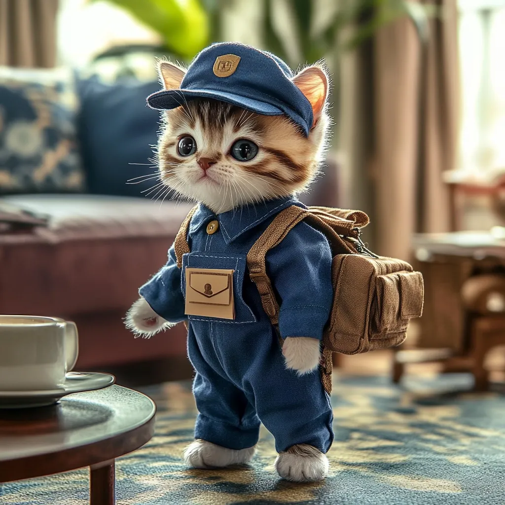 An adorable kitten, dressed in a miniature postman's uniform, stands attentively.  The outfit includes a blue jumpsuit, a matching cap, and a small, tan backpack.  The kitten's large, expressive eyes and sweet face contrast with the serious nature of its attire.  The background features a blurred image of a home interior, suggesting a cozy domestic setting.  The overall impression is one of playful charm and whimsy.