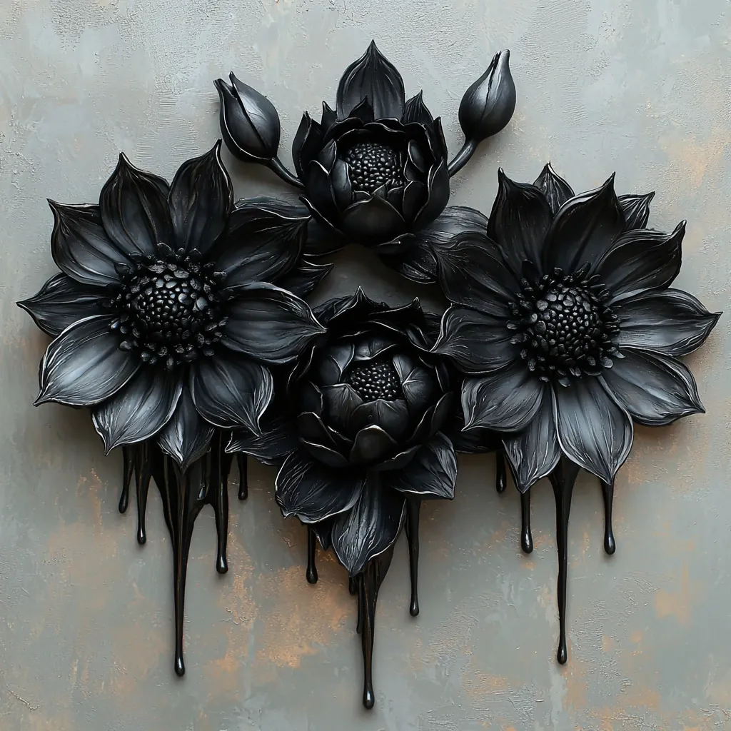 A striking arrangement of black sculpted flowers, seemingly crafted from leather or a similar material, adorns a gray textured background.  The flowers, resembling dahlias and peonies, are meticulously detailed, and a dark, viscous substance drips dramatically from their bases, adding a touch of surrealism.  The overall aesthetic is dark, elegant, and slightly gothic. The contrast between the matte black flowers and the muted gray backdrop enhances the piece's visual impact.