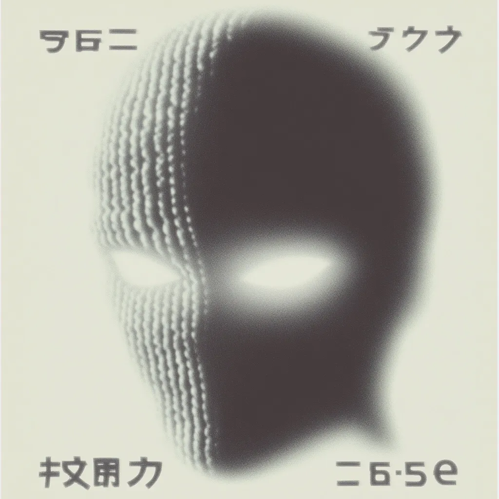 The image showcases a grayscale depiction of a face partially obscured by a textured, knit-like mask.  The mask's texture is prominent, contrasting with the smooth, shadowed areas of the face.  Glowing eyes are visible through the mask's openings.  Japanese characters are present at the top and bottom, adding an enigmatic element. The overall mood is mysterious and somewhat unsettling.