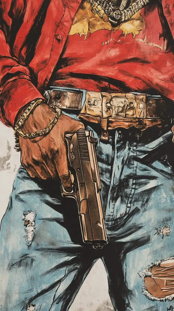 A close-up painting depicts a person's lower body, clad in distressed denim jeans and a red shirt.  The individual's hand, adorned with gold bracelets, firmly grips a handgun tucked into their waistband. A wide, intricately designed belt complements the outfit. The style is bold and graphic, with a focus on texture and detail in the clothing and the weapon.  The overall impression is one of urban grit and possibly danger.