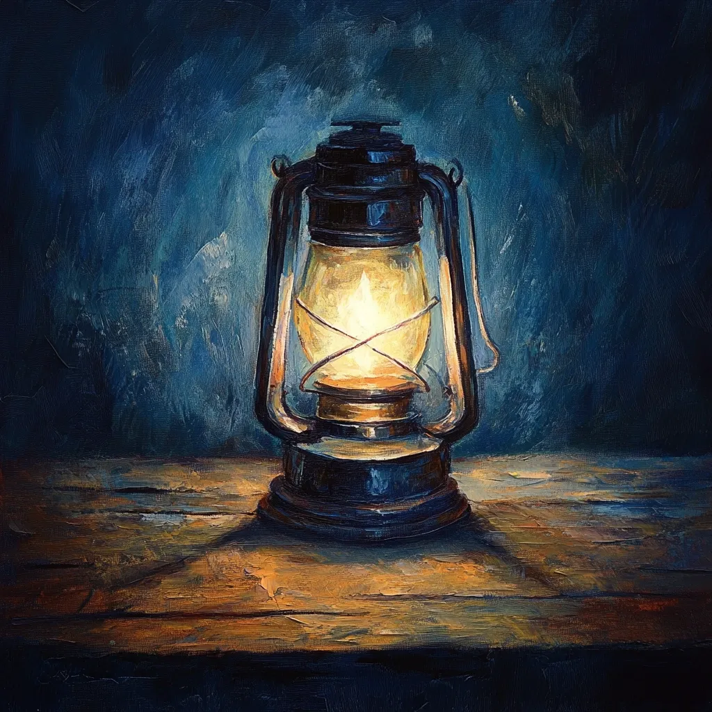 Here's a description of the image:

The painting depicts a kerosene lantern, its warm, glowing light illuminating a rustic wooden table against a deep blue background. The lantern, rendered with visible brushstrokes, has a dark metallic body and a clear glass enclosure showcasing a bright flame within.  The wood grain of the table is richly textured, adding to the overall sense of age and warmth. The dark blue backdrop provides a stark contrast, emphasizing the lantern's light as the focal point.  The overall style is painterly and evocative, suggesting a quiet, possibly melancholic, atmosphere.