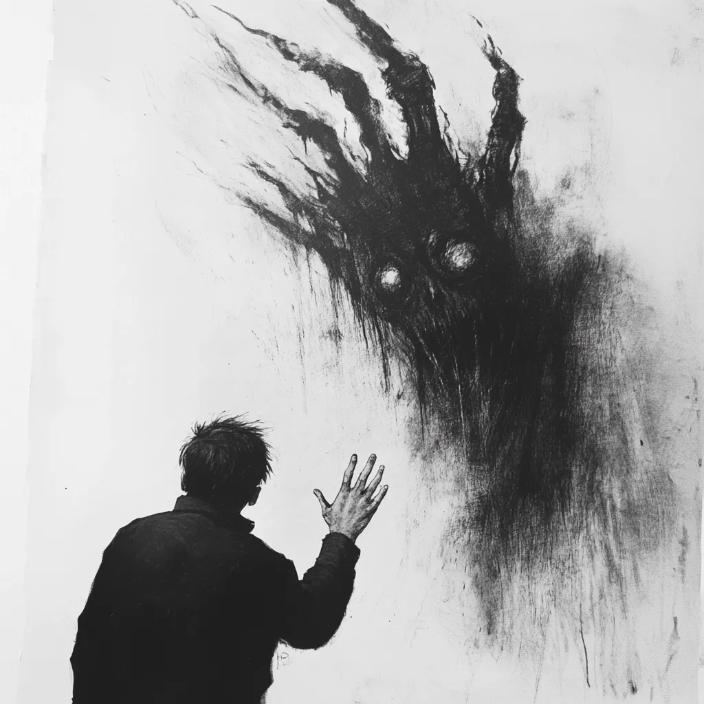 A monochromatic drawing depicts a solitary figure, back turned, extending a hand towards a looming, amorphous dark entity.  The entity, rendered in shades of black and grey, resembles a monstrous hand or face, its features indistinct yet menacing. The contrast between the small, vulnerable figure and the overwhelming, shadowy presence creates a sense of dread and unease. The overall style is expressive and evocative, suggesting themes of fear, the unknown, and confrontation with inner demons.