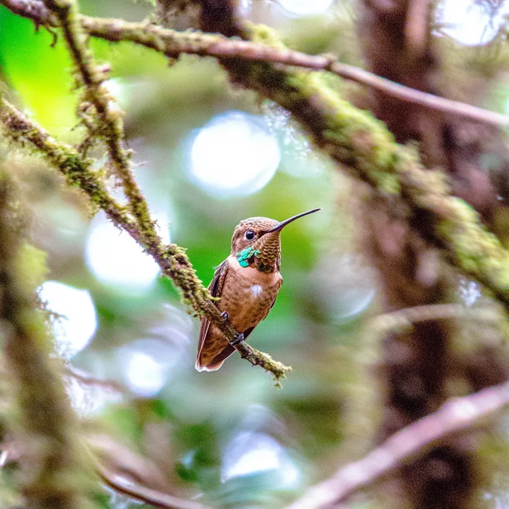 A small hummingbird, predominantly brown with a hint of teal on its throat, perches on a moss-covered branch.  The bird's beak is delicately curved, and its feathers appear soft. The background is a blurred tapestry of green foliage and dappled sunlight, creating a bokeh effect that emphasizes the hummingbird's detail and vibrant color. The overall impression is one of peaceful tranquility in a lush, natural setting.