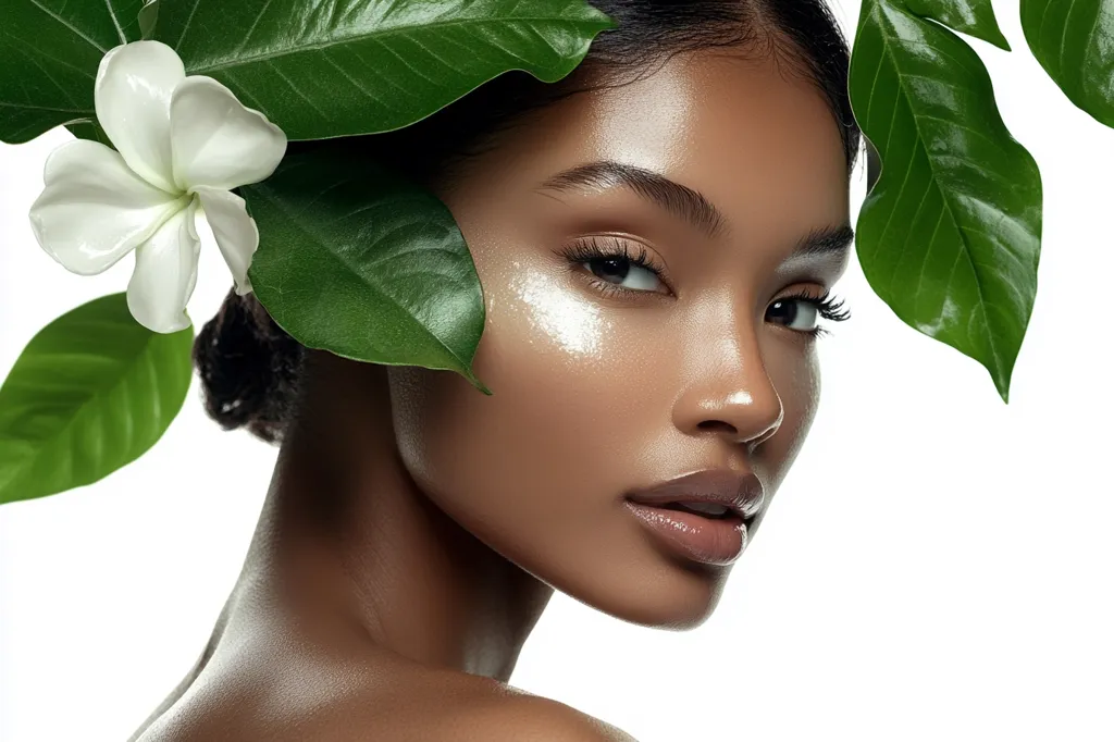 A close-up reveals a radiant Black woman, her skin glowing with a subtle sheen. Lush, green leaves and a delicate white flower adorn her face, creating a natural, elegant frame.  Her expression is serene and confident, highlighting her beautifully sculpted features. The image evokes a sense of natural beauty and harmony.