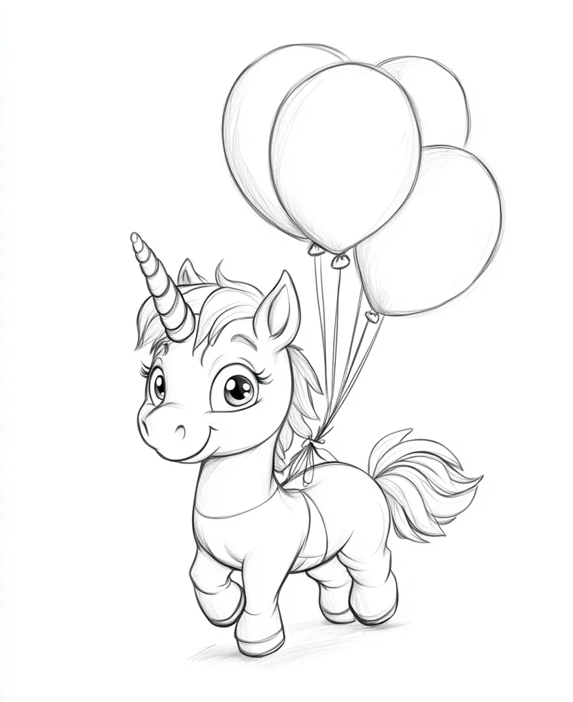 A charming pencil sketch depicts a cute unicorn, its large eyes sparkling with joy.  A cluster of four balloons, tied to its back, adds a whimsical touch. The unicorn's mane and tail are softly drawn, suggesting a fluffy texture. Its horn is elegantly spiraled, and its pose is playful and endearing, perfect for a child's illustration or coloring book. The overall style is simple yet expressive, capturing the innocent appeal of the mythical creature.