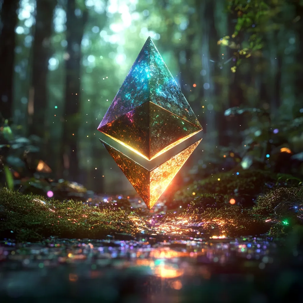 A vibrant, iridescent Ethereum crystal floats above a mossy forest floor.  The jewel-toned gemstone glows with inner light, casting a magical ambiance.  Sparkling particles surround it, enhancing the mystical atmosphere of the enchanted woodland setting.  The contrast between the futuristic cryptocurrency symbol and the natural environment creates a captivating visual.