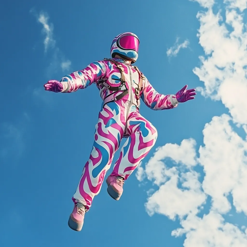 A vibrant pink and blue astronaut, clad in a swirling patterned spacesuit, floats against a bright blue sky dotted with fluffy white clouds.  The astronaut's helmet is a glossy pink, and their pink sneakers are visible as they seem to fall or leap through the air. The overall image is playful and surreal, suggesting a sense of freedom and fantastical adventure.