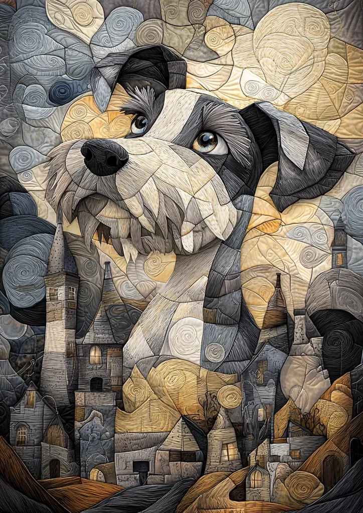 A detailed textile artwork depicts a miniature schnauzer's head and shoulders, its gaze directed upward.  The dog is rendered in a patchwork style with varied shades of grey, beige, and black, creating a textured, almost three-dimensional effect.  Behind the dog, a whimsical village of stylized houses and towers nestles in a similarly textured landscape, the overall composition resembling a quilt or mosaic.