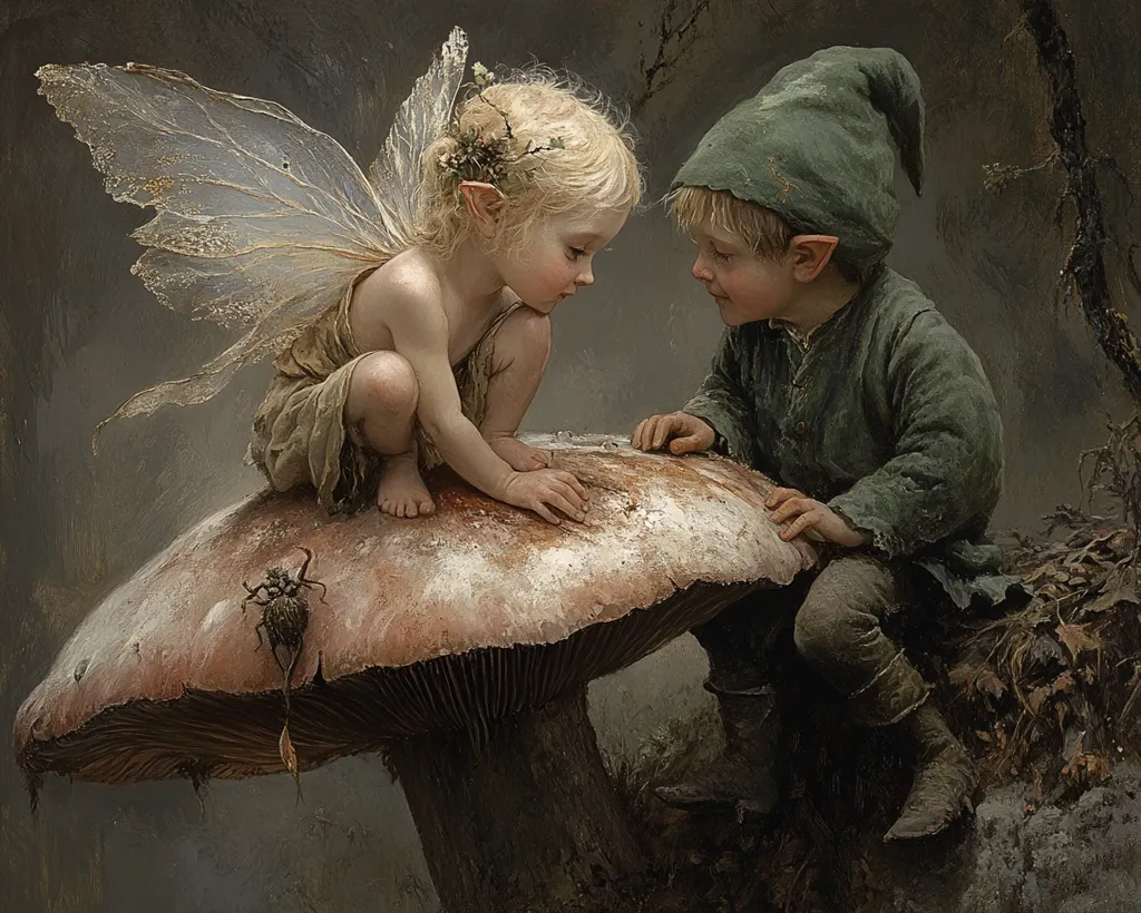 A painting depicts a whimsical scene of a fairy and an elf. The fairy, with delicate wings and elfin ears, sits on a large mushroom alongside a small elf wearing a green hooded tunic.  They gaze at each other intently, their expressions suggesting curiosity and wonder.  A beetle crawls on the mushroom's cap, adding to the magical ambiance of the forest setting. The overall style is dark fantasy, with muted earth tones and intricate detail.