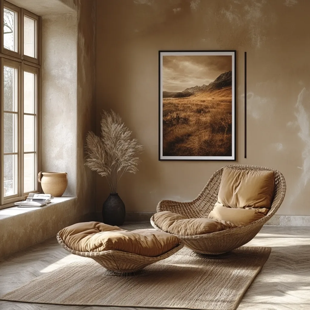 A serene corner features a woven wicker chair and ottoman in a warm, earthy tone.  A large landscape photograph in sepia tones hangs on the wall, complementing the room's palette.  Dried pampas grass adds a touch of natural texture, while sunlight streams in through a large window, highlighting the room's tranquil ambiance.  The overall style is minimalist and calming.