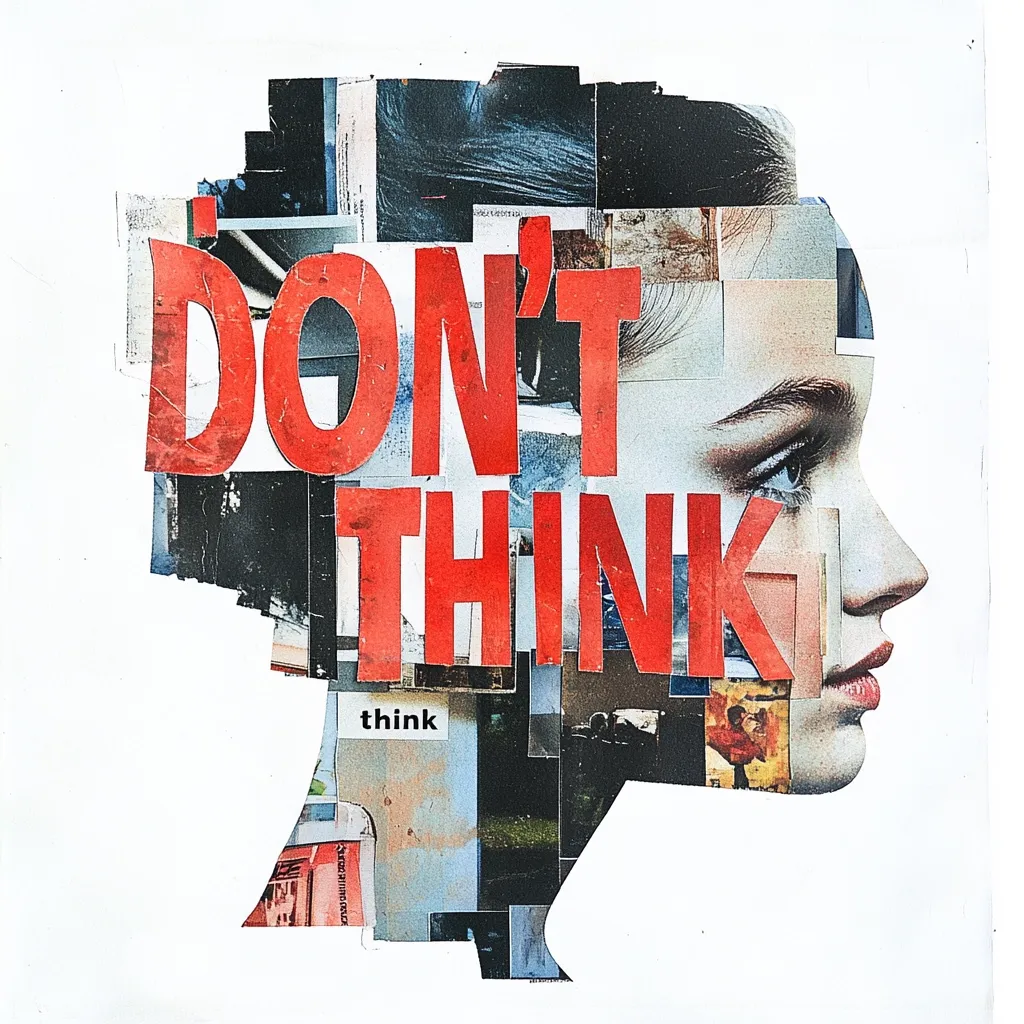 A profile silhouette of a woman's head is created from a collage of images and textures.  The words "DON'T THINK" in bold, red lettering are overlaid across the collage, creating a striking visual contrast.  Smaller, less prominent "think" text is visible near the bottom, adding a layer of complexity to the artwork's message. The overall effect is a thought-provoking juxtaposition of image and text.