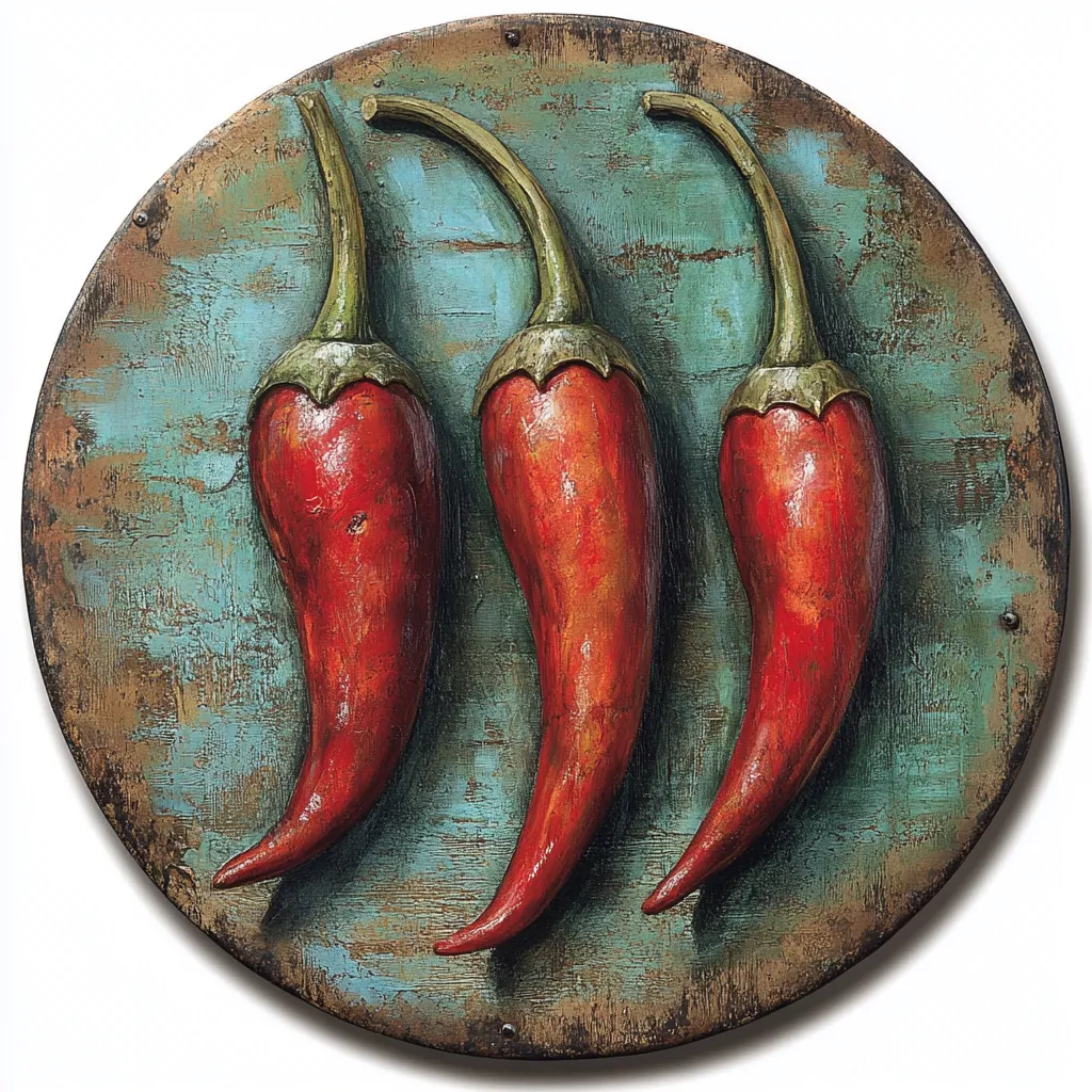 A circular artwork depicts three vibrant red chili peppers arranged in a slightly curved row against a textured teal background. The peppers are realistically rendered, showcasing their glossy skins and subtle shadows.  The background is a distressed, aged wood or metal, adding a rustic, almost antique feel to the piece.  The composition is simple yet striking, highlighting the peppers' bold color and form.
