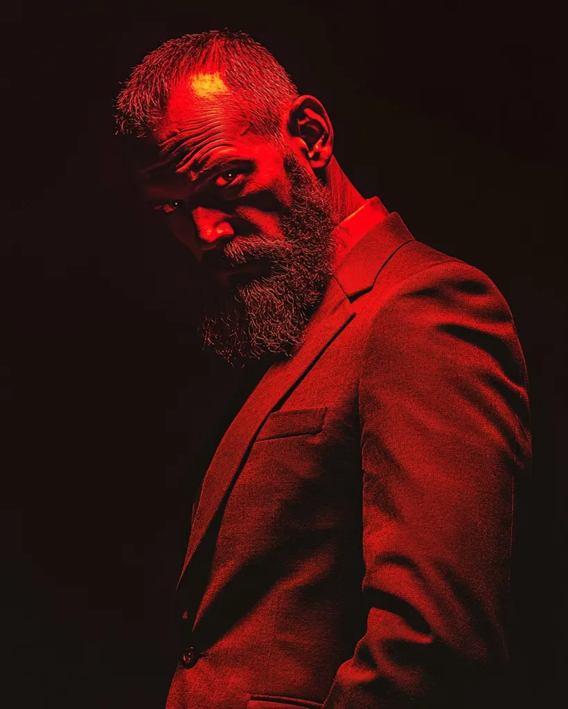 A mature man with a short, graying beard, dressed in a dark red suit, is captured in a dramatic, dimly lit portrait.  His intense gaze is directed towards the viewer, creating a sense of mystery and intrigue.  The red light casts strong shadows, emphasizing his facial features and the texture of his suit.  The overall mood is serious and slightly menacing.