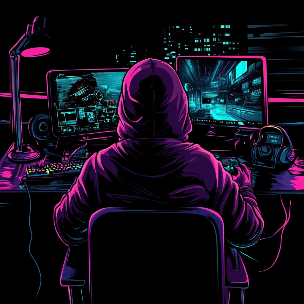 A hooded figure sits before a computer setup bathed in neon pink and blue light.  Two monitors display vibrant, futuristic scenes, one seemingly a game, the other technical data.  The gamer holds a controller, engrossed in their activity.  The dark ambiance and glowing screens create a dramatic, cyberpunk-esque atmosphere.  A desk lamp illuminates the keyboard and peripherals.