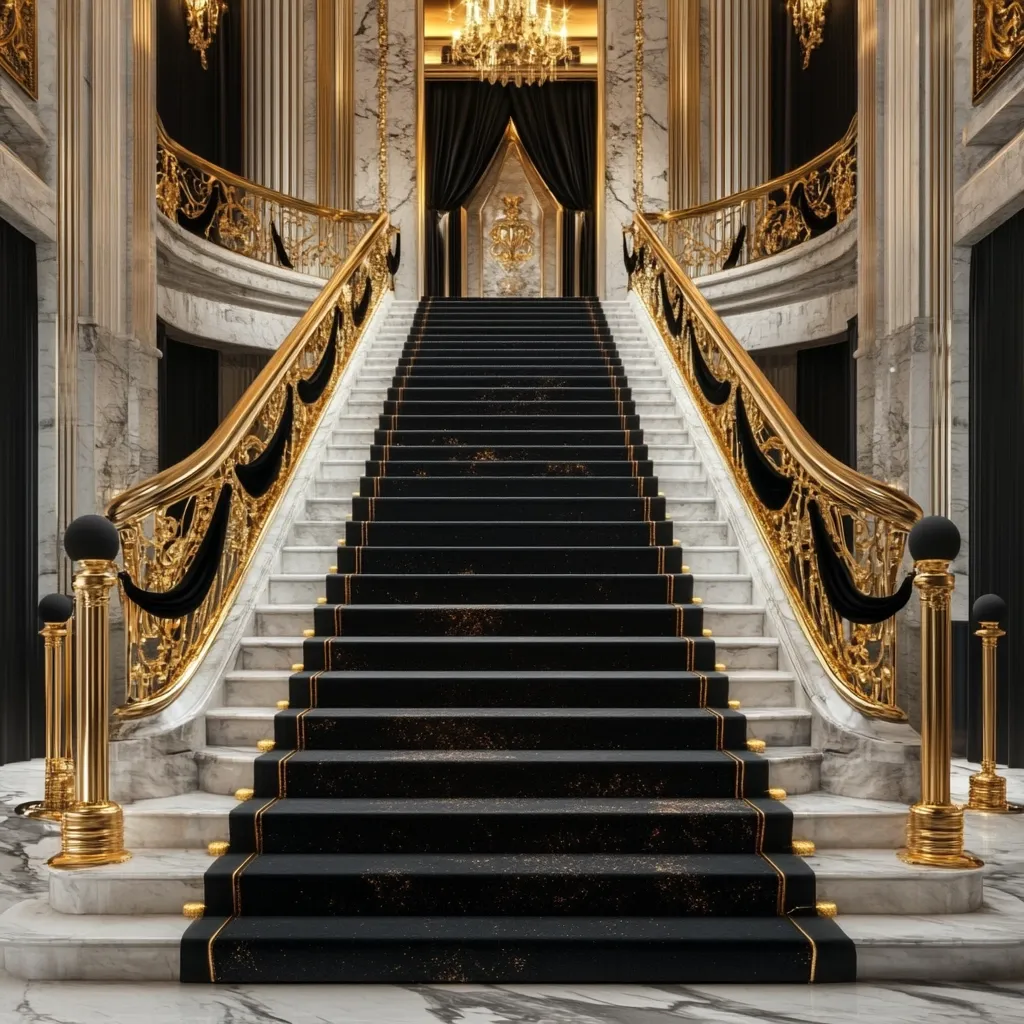 A grand staircase dominates the image, its black carpet speckled with gold, ascending between ornate gold railings and marble walls.  The opulent design features classical architecture with marble finishes and gold accents.  At the top, dark curtains frame a glimpse of a richly decorated interior beyond. The overall atmosphere is one of luxurious elegance and grandeur.