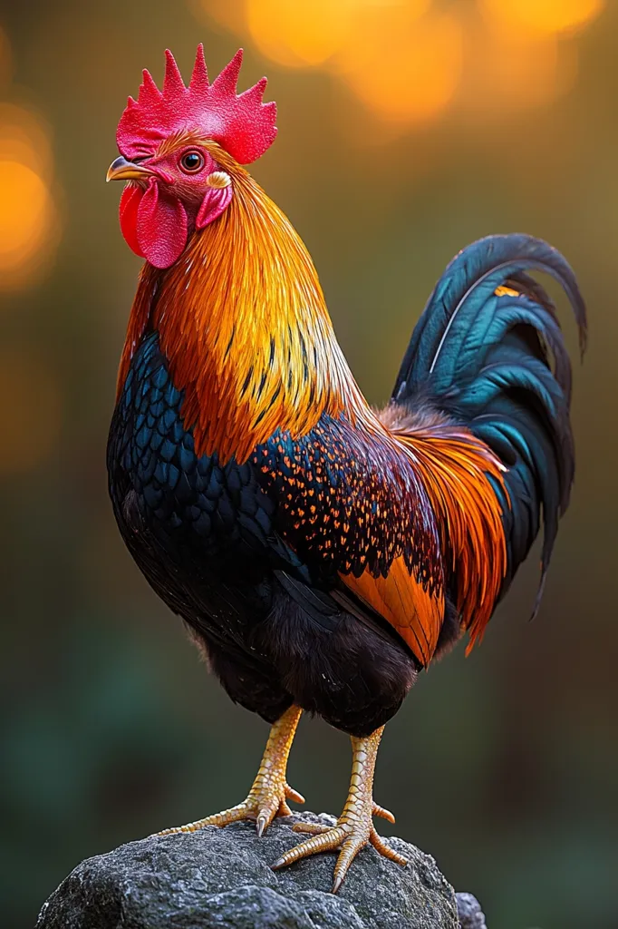 A vibrant rooster, perched on a dark grey rock, commands attention. Its plumage is a striking blend of deep blues, rich oranges, and speckled blacks, creating a dazzling display.  The rooster's bright red comb and wattle stand out against the warm, blurred background, possibly a sunset.  The image’s sharp focus highlights the intricate details of the bird's feathers and strong legs.  The overall effect is one of striking beauty and natural vibrancy.
