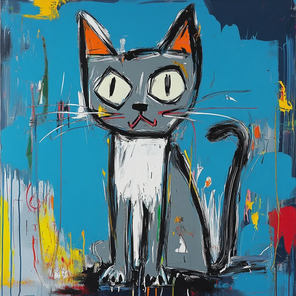 A vibrant, expressive painting depicts a stylized grey and white cat seated against a bold turquoise background.  The cat's features are exaggerated, with large eyes and a playful expression.  The artist uses thick, impasto brushstrokes in a variety of colors, creating a dynamic and energetic composition with splashes of yellow, orange, and red throughout. The overall style is reminiscent of modern street art or graffiti.