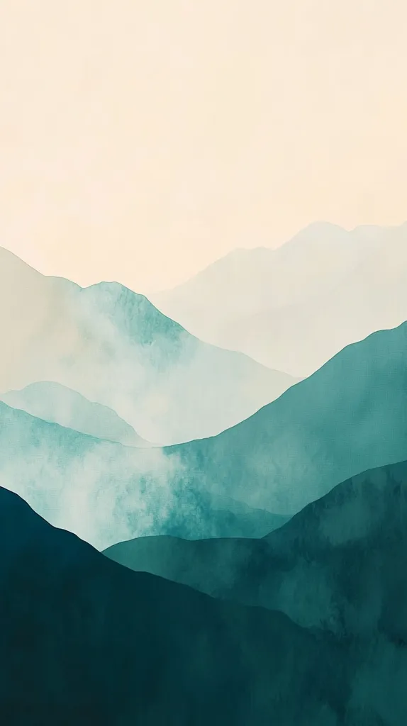 The image is an abstract watercolor painting of a mountain range.  The mountains are depicted in varying shades of teal and green, transitioning from light, almost beige at the top, to a deep, saturated teal at the bottom.  A soft, misty effect is created throughout the painting, suggesting a serene and calm atmosphere. The style is minimalist, focusing on the subtle gradations of color and the fluidity of form. The overall impression is one of tranquility and peaceful beauty.