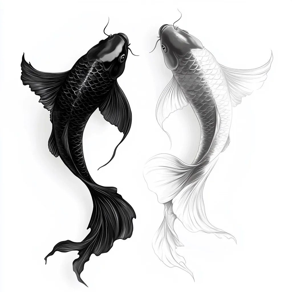 A striking illustration showcases two koi fish, one rendered in stark black and the other in a delicate grayscale sketch.  The black koi is fully detailed, its scales and fins sharply defined, while the grayscale version presents a more ethereal, unfinished quality.  Positioned side-by-side, the contrast highlights the artistic process and creates a visually captivating yin and yang effect.  Both fish are depicted in dynamic poses, their tails flowing elegantly.