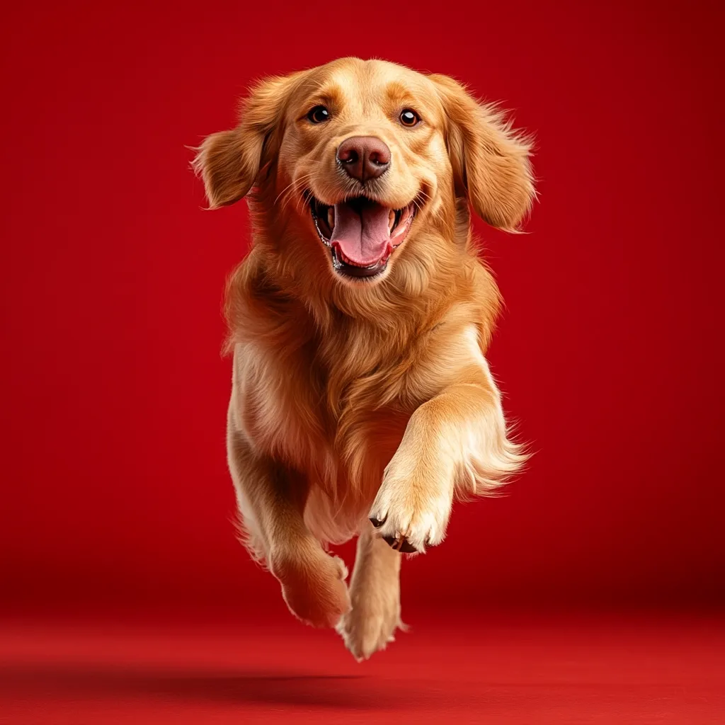 A golden retriever dog leaps joyfully against a vibrant red backdrop.  Its mouth is open in a happy expression, revealing its tongue. The dog's fur is a rich, golden color, and its paws are extended mid-leap. The image is sharply focused, capturing the dog's energy and excitement. The red background provides a striking contrast to the dog's coat, making it the central focus.
