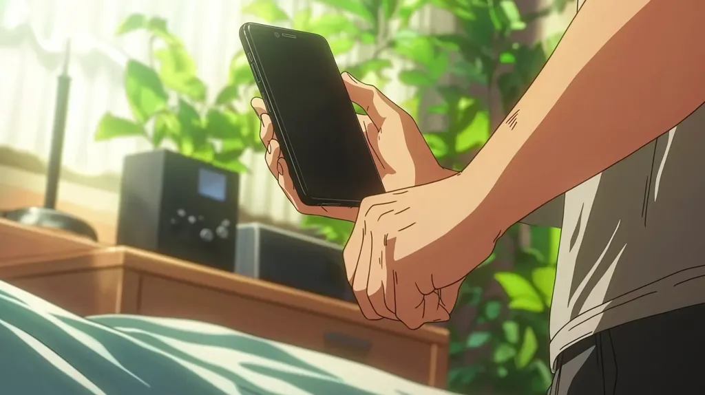 A person's hands hold a black smartphone, the screen dark.  The setting is a sunlit room with green plants, a bedside table holding electronic devices, and a bed partially visible. The scene is peaceful and domestic, suggestive of a quiet moment of contemplation or communication. The style is reminiscent of anime or animation.