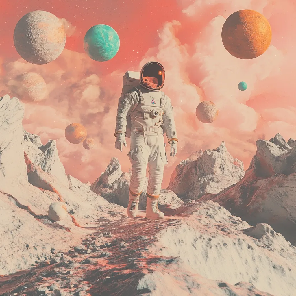 A lone astronaut in a pristine white spacesuit traverses a desolate, alien landscape.  Pastel-colored planets of varying sizes hang in the pinkish-orange sky, casting a soft glow over the rocky, snow-covered terrain.  The astronaut's figure is small against the vastness of the scene, emphasizing the scale of the extraterrestrial environment.  The overall mood is one of serene isolation and exploration.
