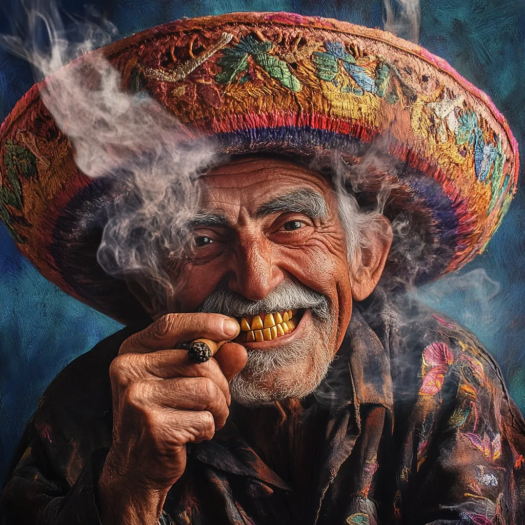 Here's a description of the image:

Close-up portrait of an elderly man with a jovial expression. He wears a vibrant, ornate sombrero with embroidery, and a dark, patterned shirt.  Smoke curls around his face as he holds a cigar between his fingers, his gold teeth gleaming in a wide smile.  His weathered face shows age and character, his eyes crinkled at the corners. The background is a blurred, dark blue-green, drawing focus to the man. The overall mood is one of relaxed contentment and subtle humor.