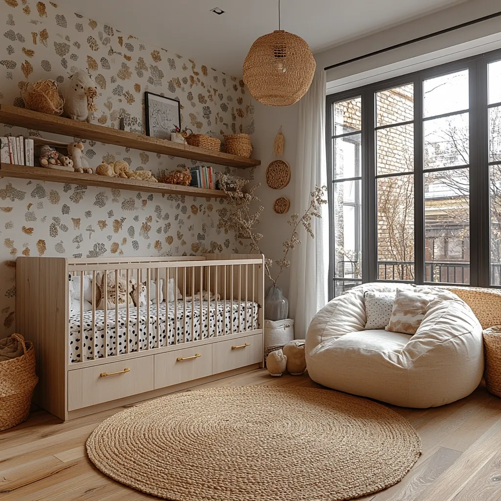 A nursery features a light wood crib with a black and white spotted sheet, nestled beside a large beige beanbag chair.  Wooden shelves adorned with stuffed animals and books line a wall covered in a nature-inspired wallpaper.  A woven pendant light hangs above, complementing the natural textures and tones of the room. A jute rug anchors the space, which is bathed in natural light from a large window.  The overall aesthetic is calm, neutral, and inviting.