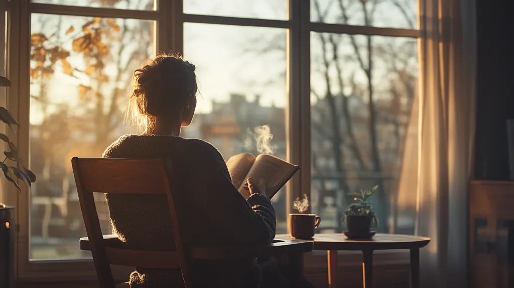 Bathed in the warm glow of the setting sun, a woman sits in a wooden chair by a window, engrossed in a book.  A mug of steaming tea sits on a small side table beside her.  The autumnal landscape outside is blurred, creating a peaceful and contemplative atmosphere.  The scene evokes a sense of quiet comfort and solitude.