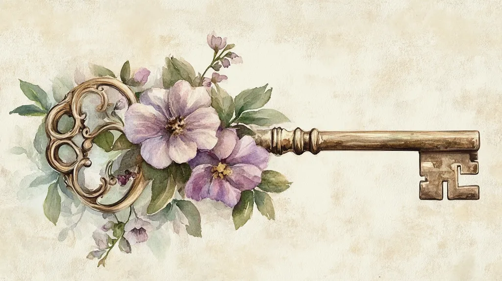 A watercolor painting depicts an ornate antique key adorned with delicate purple flowers.  The key's elaborate head is intertwined with blossoms and leaves, creating a romantic and vintage aesthetic. The muted color palette and textured background enhance the image's nostalgic charm, suggesting a sense of mystery and forgotten secrets.
