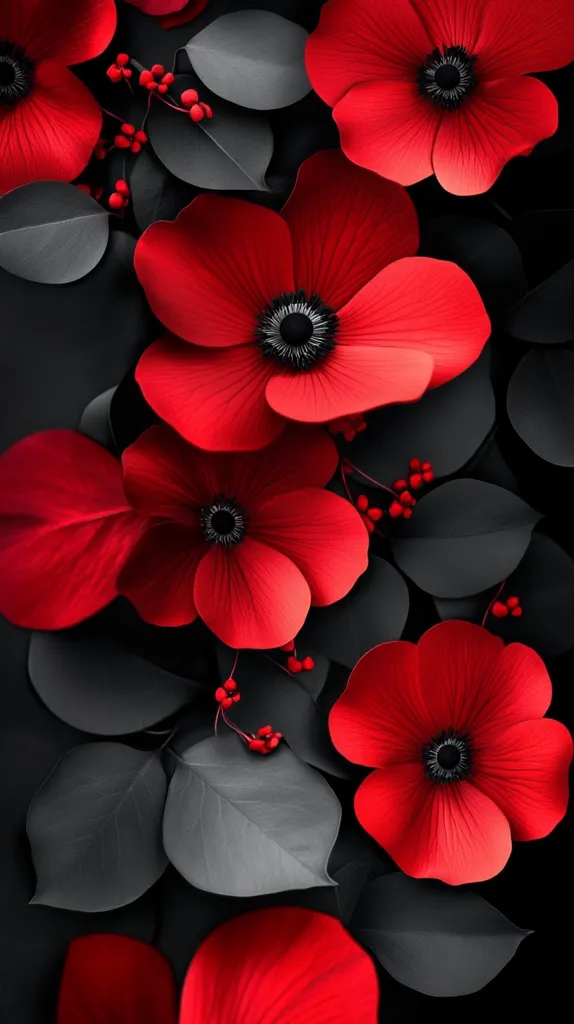 A vibrant close-up captures a cluster of intensely red flowers, possibly poppies, set against a backdrop of dark gray leaves.  The contrast between the fiery red petals and the muted gray foliage creates a striking visual effect.  Small red berries punctuate the stems, adding a touch of detail.  The image's composition is meticulously arranged, emphasizing the flowers' rich color and texture.  The overall mood is dramatic and sophisticated.