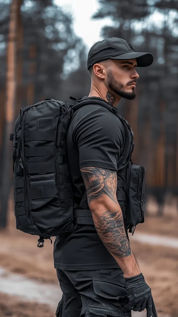 A bearded man with tattoos on his arm wears a black baseball cap, black t-shirt, tactical vest, and cargo pants.  He carries a large black tactical backpack.  The setting appears to be a wooded area with a blurred background. His expression is serious and he looks to the right of the frame. The overall style is rugged and tactical.