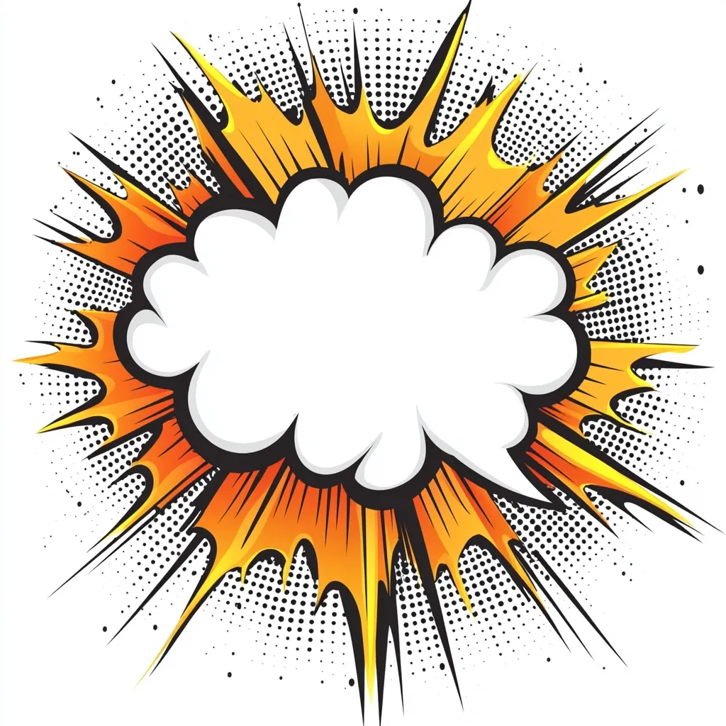 This image is a vibrant comic book-style explosion graphic. A large, irregular white speech bubble, suggestive of a shout or exclamation, sits at the center.  It’s surrounded by a dynamic burst of orange and yellow rays emanating outwards, set against a background of black dotted lines, creating a classic comic book effect. The overall design is energetic and attention-grabbing, ideal for representing impact, excitement, or a powerful statement.
