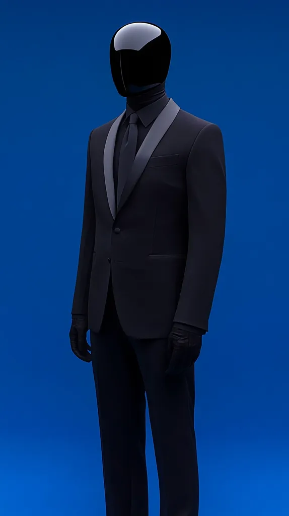 A figure in a black tuxedo stands against a vibrant blue backdrop.  The head is concealed by a smooth, black helmet-like object. The suit is impeccably tailored, with a crisp, dark tie and a subtle sheen.  The figure's hands are gloved, adding to the mysterious and enigmatic overall presentation. The image's stark contrast creates a striking, sophisticated visual.