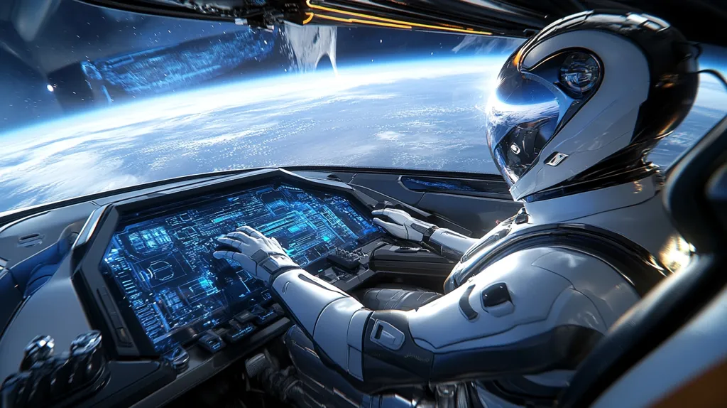 A futuristic spacecraft cockpit, viewed from the pilot's perspective.  The astronaut, clad in a sleek white spacesuit and helmet, interacts with a high-tech control panel glowing with vibrant blue data streams.  Outside, a breathtaking view of Earth curves below, showcasing a vibrant blue and white landscape against the backdrop of space.  The scene is highly detailed, emphasizing the advanced technology and immersive experience of space travel.