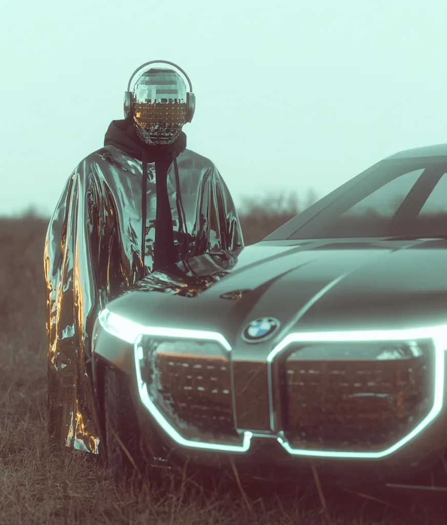 A futuristic figure, cloaked in shimmering metallic fabric and wearing a mirrored disco ball helmet and headphones, stands beside a sleek, dark-colored luxury car. The scene is set outdoors in a field of tall grass, under a muted sky.  The overall aesthetic is stylized and blends elements of science fiction and fashion.  The car's futuristic design complements the figure's attire, creating a cohesive and visually striking image.