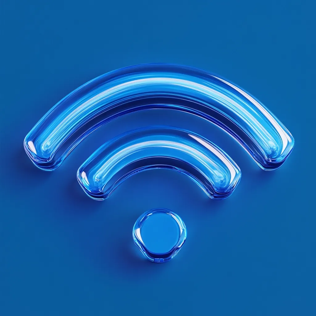 A vibrant blue, glass-like Wi-Fi symbol is presented against a matching blue background.  The symbol is rendered with a three-dimensional effect, showcasing its translucent quality and the light reflecting within its curved form. The detail emphasizes the smooth, polished surface of the glass, giving a modern and sleek appearance to the ubiquitous connectivity icon.  The image is clean and minimalist, focusing entirely on the representation of wireless internet access.
