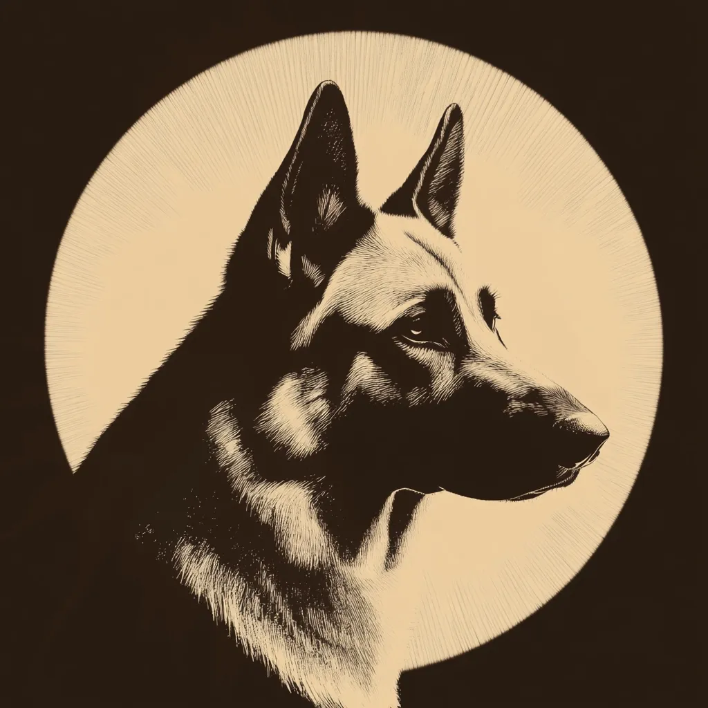 A striking monochrome illustration depicts a German Shepherd dog's profile, set against a circular, sunburst-like background.  The dog's fur is rendered with meticulous detail, showcasing its texture and the shading defining its musculature. The overall style evokes a classic, almost vintage feel.  The dark background contrasts sharply with the lighter tones of the dog and the background circle, creating a dramatic effect.